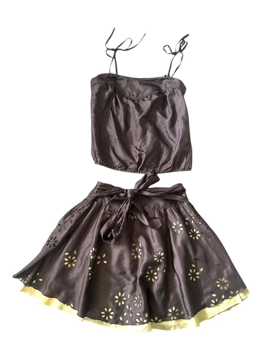 Tara Jarmon 2-Piece Outfit Set Sz XS 100% Silk Brown Floral Eyelet EUC